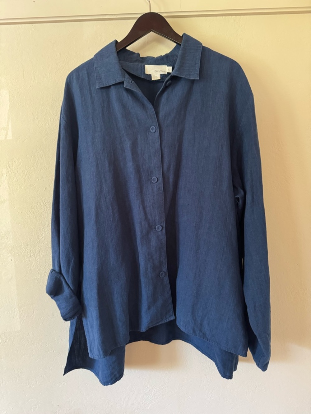 DKNY Pure 100% Linen Oversized Lagenlook Button Down Blouse Blue High Low L